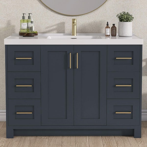48 in. W Single Sink Freestanding Solid Wood Bath Vanity in Navy Blue with White Solid Surface Top and Basin