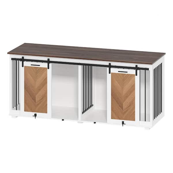 FUFU&GAGA 72.4 in. Large Double Dog House Furniture for 2 Dogs, Wooden Dog Crate Kennel Furniture w/Sliding Door & Divider White