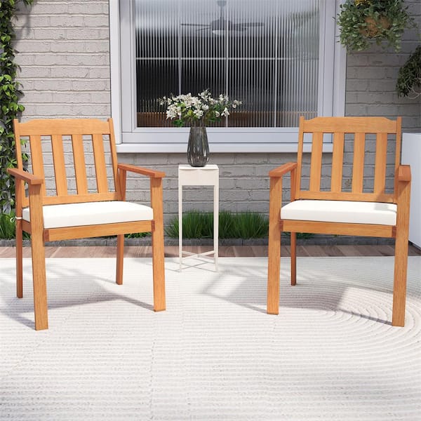 Wooden Patio Chair Set of 4 Outdoor Dining Armchairs w/Removable Soft Natural Cushion and Breathable Backrest