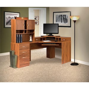 Brown Reversible Corner Work Center and Hutch with Monitor Platform