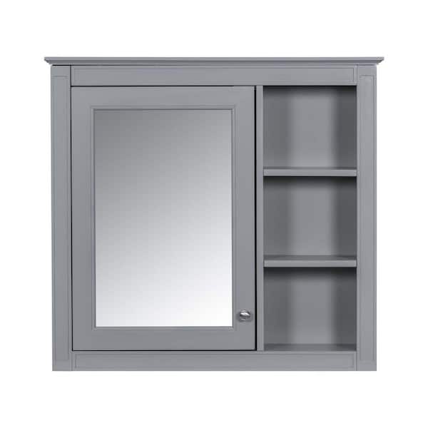FUNKOL 30 in. W x 28 in. H Rectangular MDF Surface-Mount Bathroom Medicine Cabinet with Mirror and 3 Open Shelves, in Gray