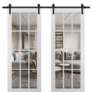 32 in. x 84 in. 2 Panel Clear Glass White Solid Wood Sliding Barn Door with Hardware Kit