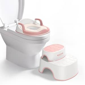 Elongated Potty Training Seat with 2 in 1 Anti-Slip Step Stool, Toddler Front Toilet Seat in Pink with Splash Guard