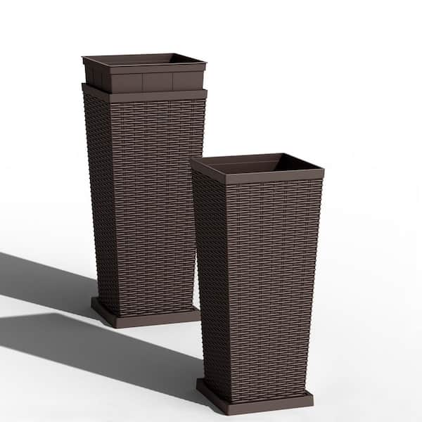Rattan Texture Brown Outdoor Resin Tapered Planter Set with Drainage and Liners, 30 in. (2-Pack)