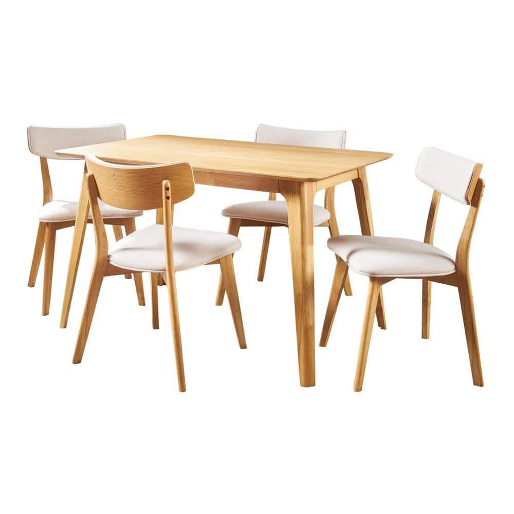 Noble House Megann Light Beige Fabric Upholstered and Natural Oak Wood ...