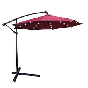 10 ft. Steel Outdoor Cantilever Umbrella With LED Lights and Cross Base in Burgundy