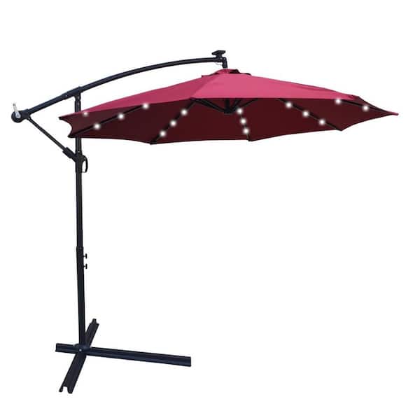 Cesicia 10 ft. Steel Outdoor Cantilever Umbrella With LED Lights and Cross Base in Burgundy