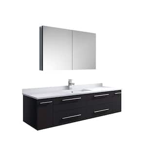 Lucera 60 in. W Wall Hung Vanity in Espresso with Quartz Stone Vanity Top in White with White Basin and Medicine Cabinet