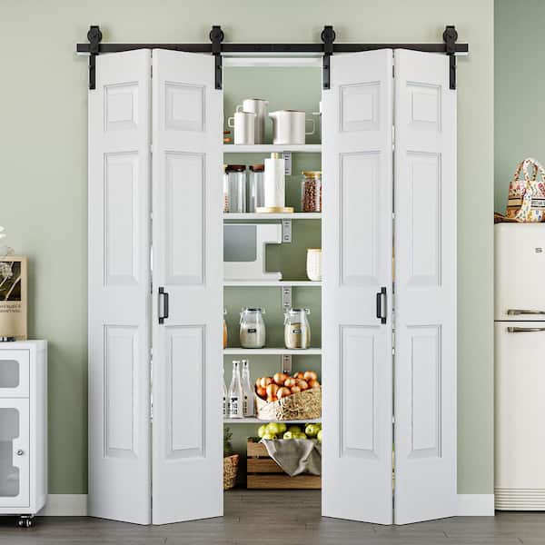 64 in. x 84 in. (4-Slab) Easy Install 6-Panel White Primed DIY Painting MDF Bi-Fold Sliding Barn Door with Hardware Kit