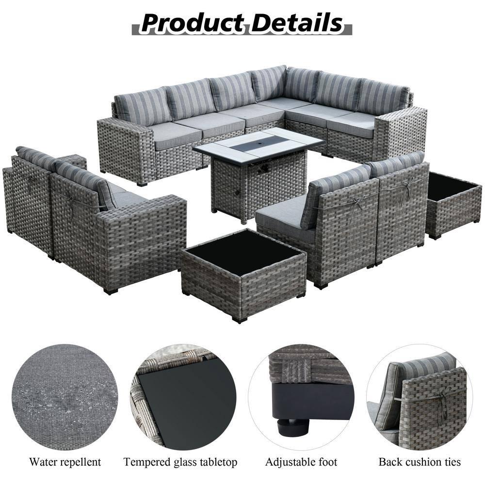 Marlton 13-Piece Gray Wicker Outdoor Sofa Set with Fire Pit
