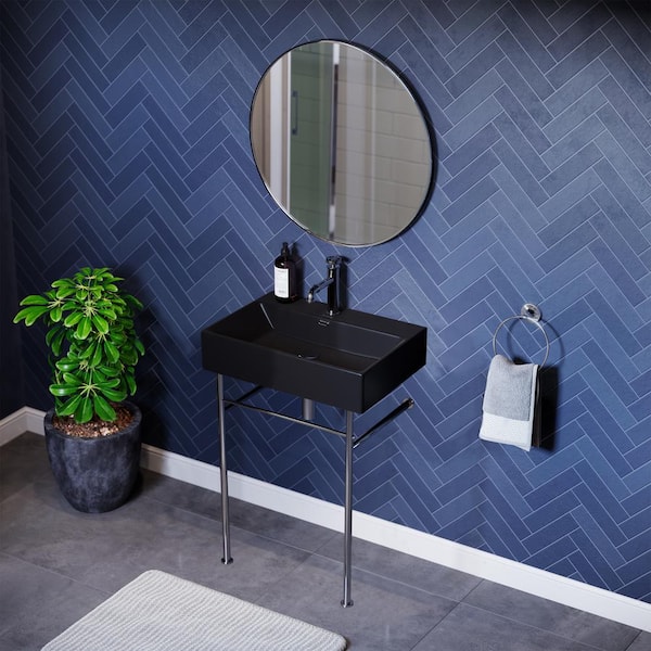 Swiss Madison Claire 24 in. Ceramic Matte Black Console Sink Basin Chrome Legs