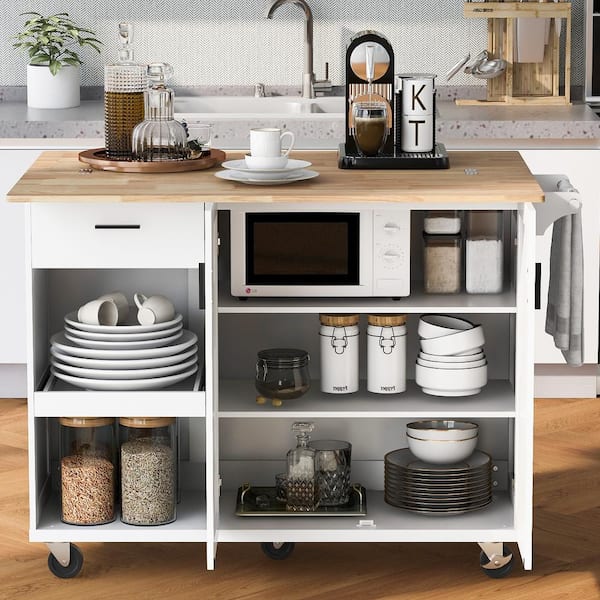grossag White Wood 49.02 in. Kitchen Island with Foldable Counter Top, Towel Rack and Drawer, Rolling Kitchen Cart on Wheels