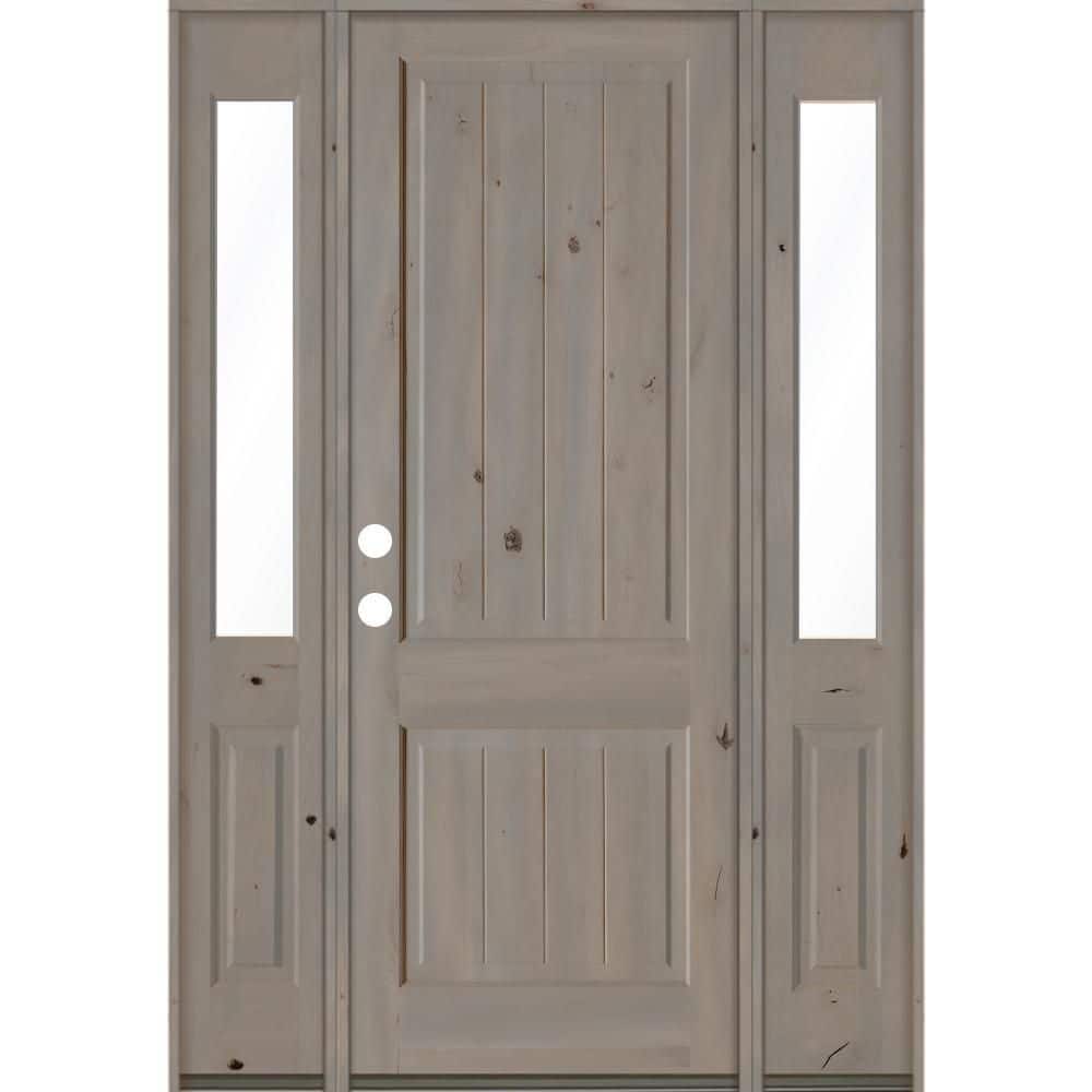 64 in. x 96 in. Rustic Knotty Alder Square Top Right-Hand/Inswing Clear Glass Grey Stain Wood Prehung Front Door w/DHSL price history on PriceWatchPro