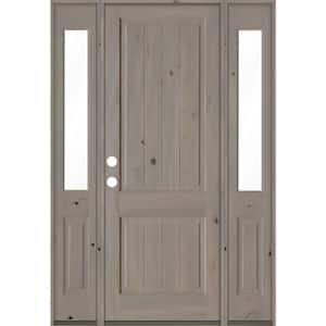 64 in. x 96 in. Rustic Knotty Alder Square Top Right-Hand/Inswing Clear Glass Grey Stain Wood Prehung Front Door w/DHSL