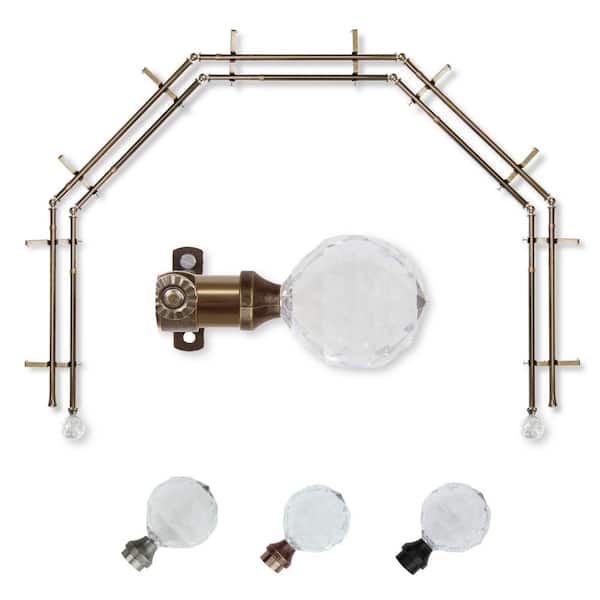 EMOH 13/16" Dia Adjustable 5-Sided Double Bay Window Curtain Rod 28 to 48" (each side) with Leticia Finials in Antique Brass