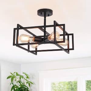15 in. 4-Light Black Semi-Flush Mount Light with Rustic Accent Square Cage for Living Room