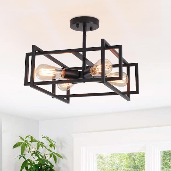 LWYTJO 15 in. 4-Light Black Semi-Flush Mount Light with Rustic Accent Square Cage for Living Room