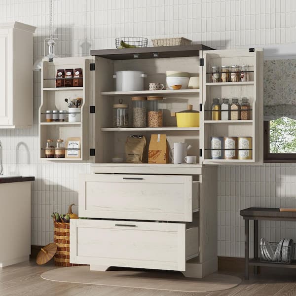 Modern Farmhouse Beige Wood 31.5 in. Food Pantry Cabinet with Inside Door Storage Divider 2-Drawers