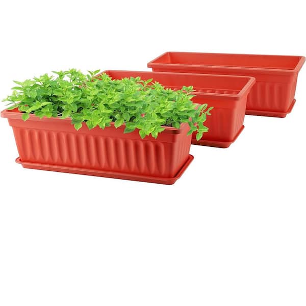 ITOPFOX Modern 13.8 in. x 6.9 in. W x 5.9 in H .5 qts Durable Rectangle Red Indoor Plastic Window Planter with Tray 3 (-Pack)