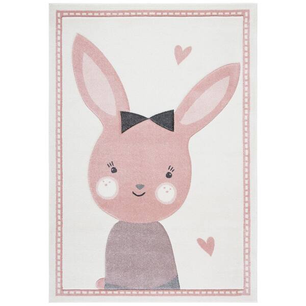 Carousel Kids 2 ft. x 3 ft. Ivory/Pink Border Solid Color Area Rug