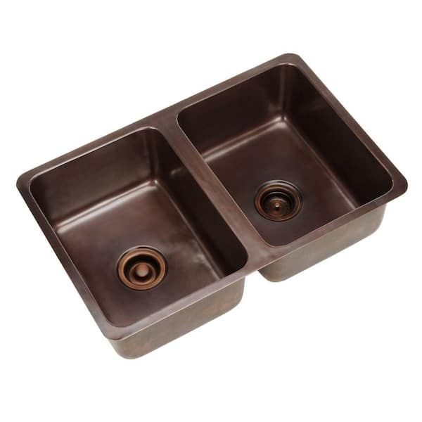 ECOSINKS Dual Mount Pure Solid Copper 31x20x9 0-Hole Double Basin Kitchen Sink in Smooth Antique Copper