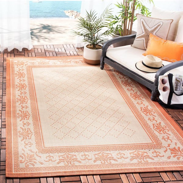 Courtyard Natural/Terra 5 ft. x 8 ft. Border Indoor/Outdoor Patio  Area Rug