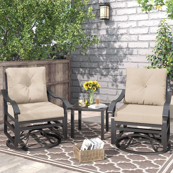 ELPOSUN 3-Piece Metal Swivel Outdoor Patio Rocking Chair Bistro Conversation Set with Beige Cushions, Side Table, Garden, Yard
