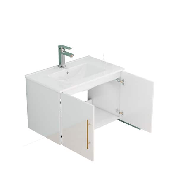 30 in. White Wood Rectangle Vessel Sink Bathroom Vanity Combo with Double Doors, Soft-Close Hangers