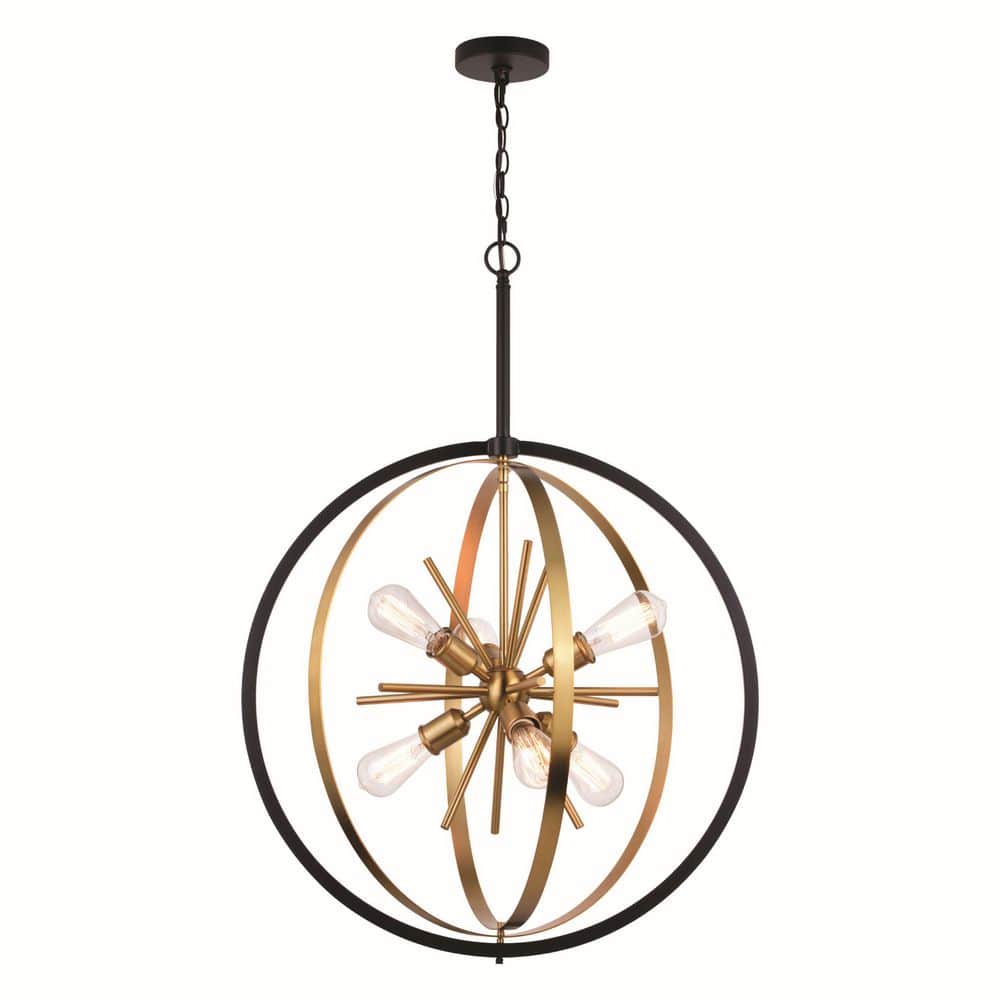 VAXCEL Estelle 26.75 in. Brass and Black Mid Century Modern 6-Light Globe Sputnik Hanging Ceiling Pendant Chandelier -  P0341