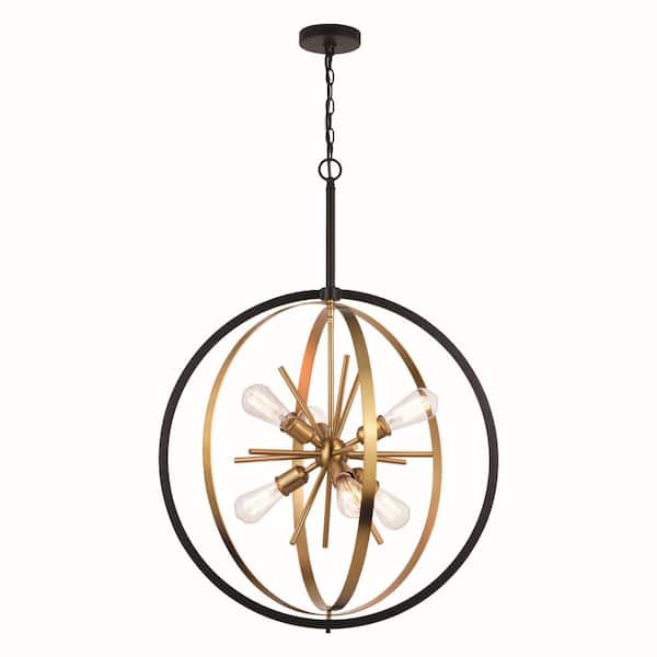 VAXCEL Estelle 26.75 in. Brass and Black Mid Century Modern 6-Light Globe Sputnik Hanging Ceiling Pendant Chandelier