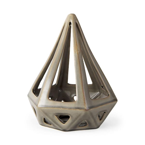 HomeRoots 9 in. Green Khaki Crackle Glaze Ceramic Conical Sculpture