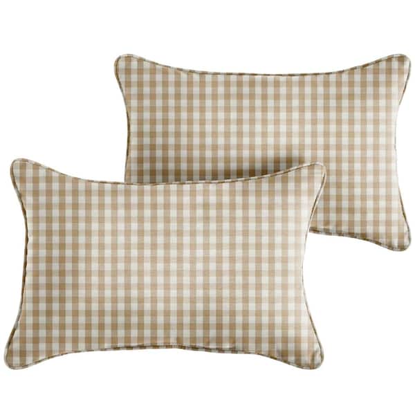 SORRA HOME Beige/White Check Rectangular Outdoor Corded Lumbar Pillows (2-Pack)