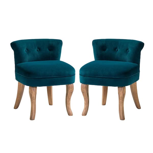 JAYDEN CREATION Nila Teal Vanity Velvet Upholstered Stool Chairs with Solid Wooden Legs (Set of 2)