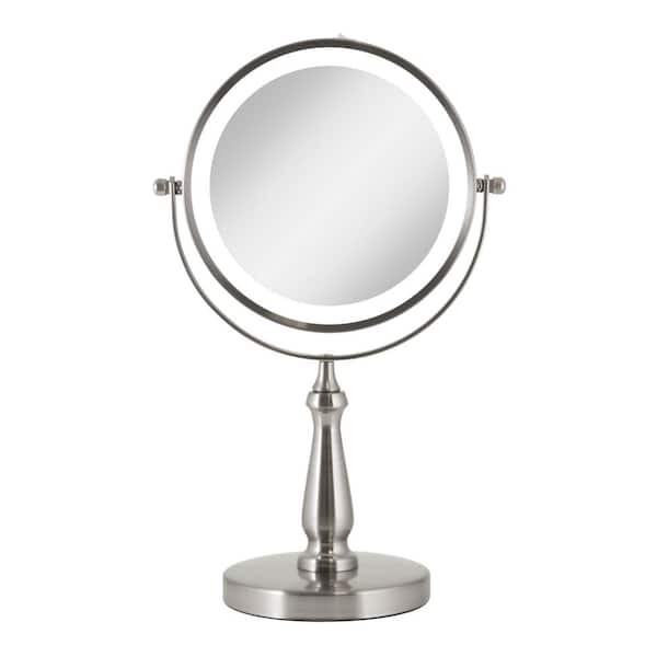 7.75 in. x 12.5 in LED Freestanding Bi-View 8X/1X Magnification Cordless Vanity Beauty Makeup Mirror in Satin Nickel