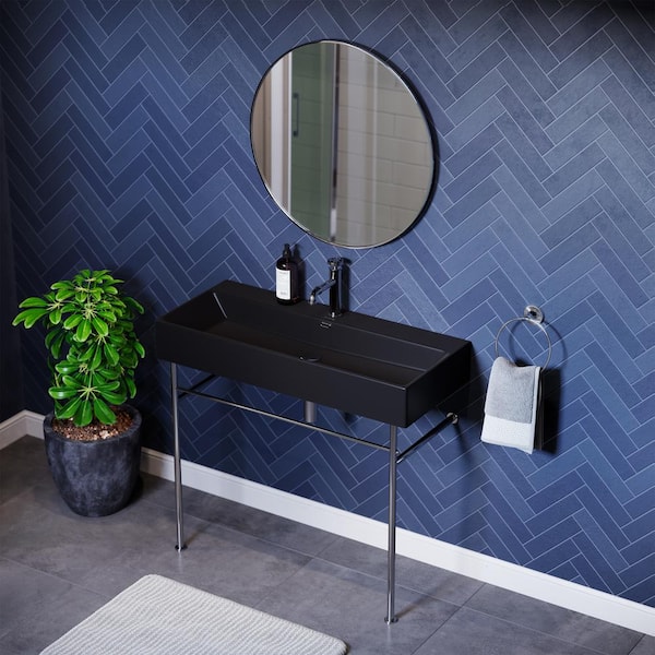 Swiss Madison Claire Ceramic Black Console Sink Basin and Leg Combo with Chrome Legs
