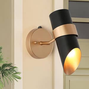 Modern 1-Light Black Outdoor Dusk to Dawn Wall Sconce with Metal Shade Gold Accents and No Bulbs Included