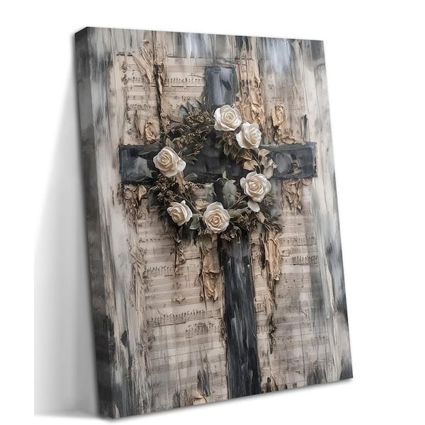 Unbranded 12 in. x 16 in. Framed Vintage Cross Christian Wall Art with White Rose Wreath for Study and Prayer Rooms