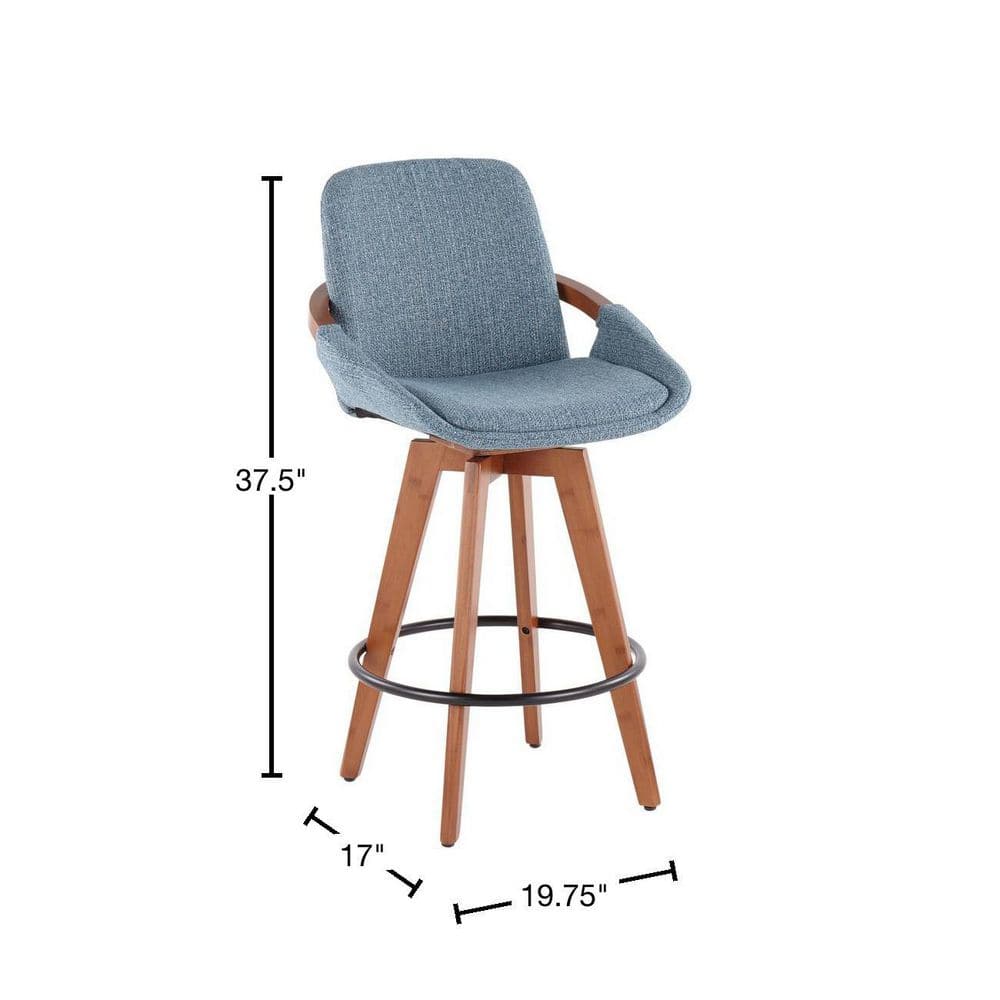 Walnut and Blue Mid-Century Modern Swivel Counter Stool