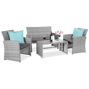 Gray 4-Piece Wicker Patio Conversation Set with Gray Cushions, 4 Seats, Tempered Glass Table Top