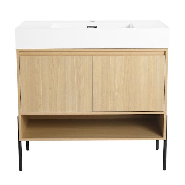 36 in. Single Sink Freestanding Oak Bath Vanity with White Resin Top, Storage Cabinet Set 2 Door