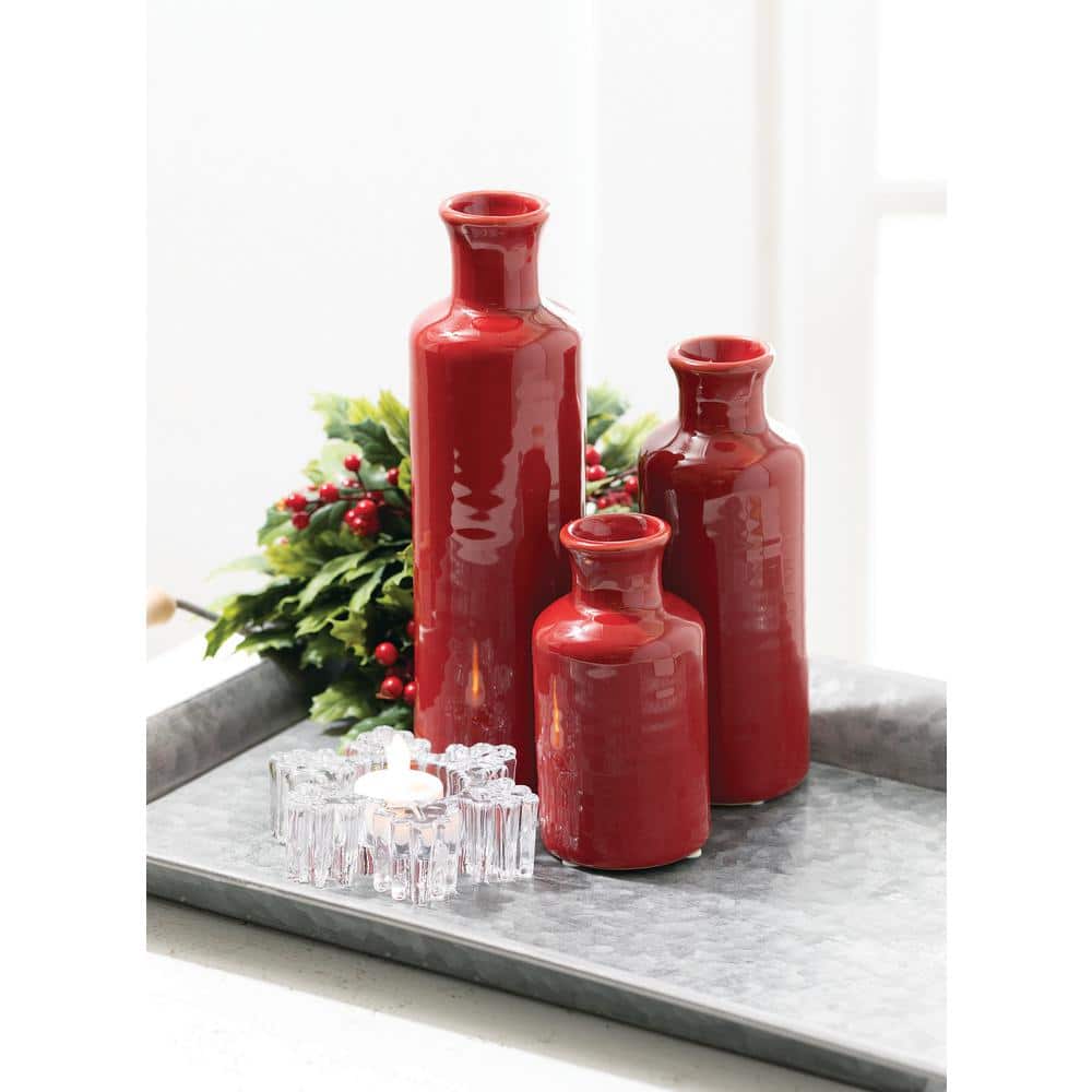 Red Ceramic Bottle Vase Set in Three Sizes