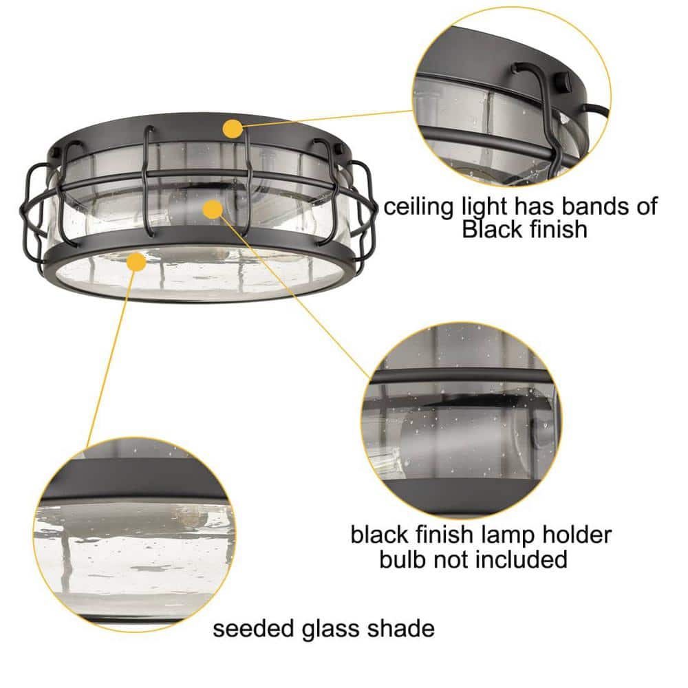 Black Industrial Drum Flush Mount Ceiling Light with Clear Glass Shade