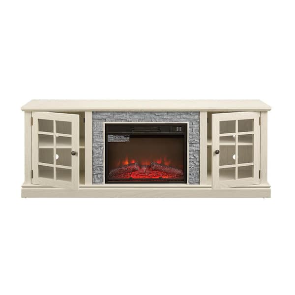 Modern 70 in. Freestanding Faux Stone 23 in. Electric Fireplace TV Stand Media Console Entertainment Center in White