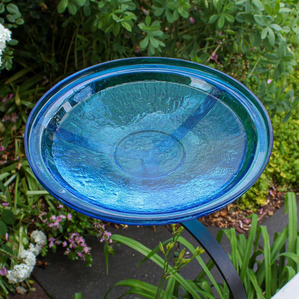 Teal Crackle Glass Birdbath Bowl with Rail Mount Bracket