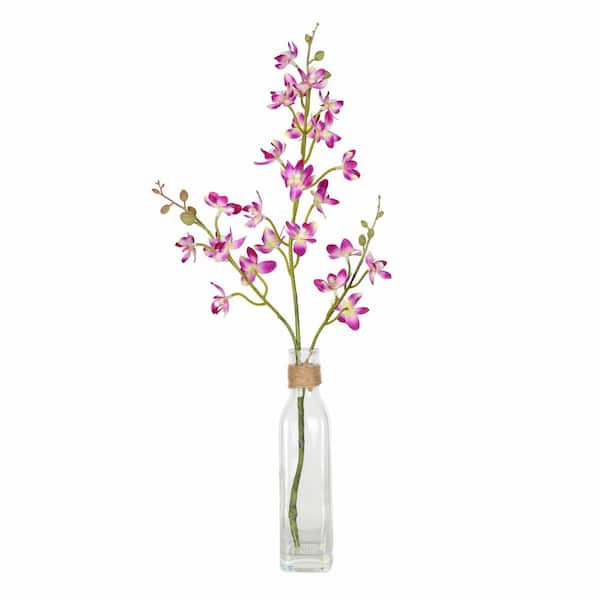 Vickerman 20.5 in. Purple Artificial Mini Orchid Floral Arrangement in a Glass Pot