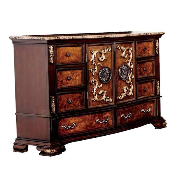 Benjara Iliana Dark Cherry Brown 8 Drawer 64.5 in. Dresser without