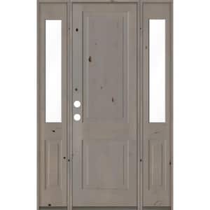 58 in. x 96 in. Rustic Knotty Alder Right-Hand/Inswing Clear Glass Grey Stain Square Top Wood Prehung Front Door