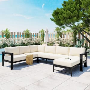 4-Piece Black Aluminum Patio Outdoor Sectional Sofa Set with White Cushions for gardens, backyards