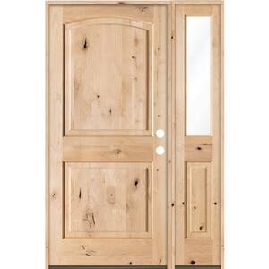 56 in. x 80 in. Rustic Unfinished Knotty Alder Arch-Top Left-Hand Right Half Sidelite Clear Glass Prehung Front Door