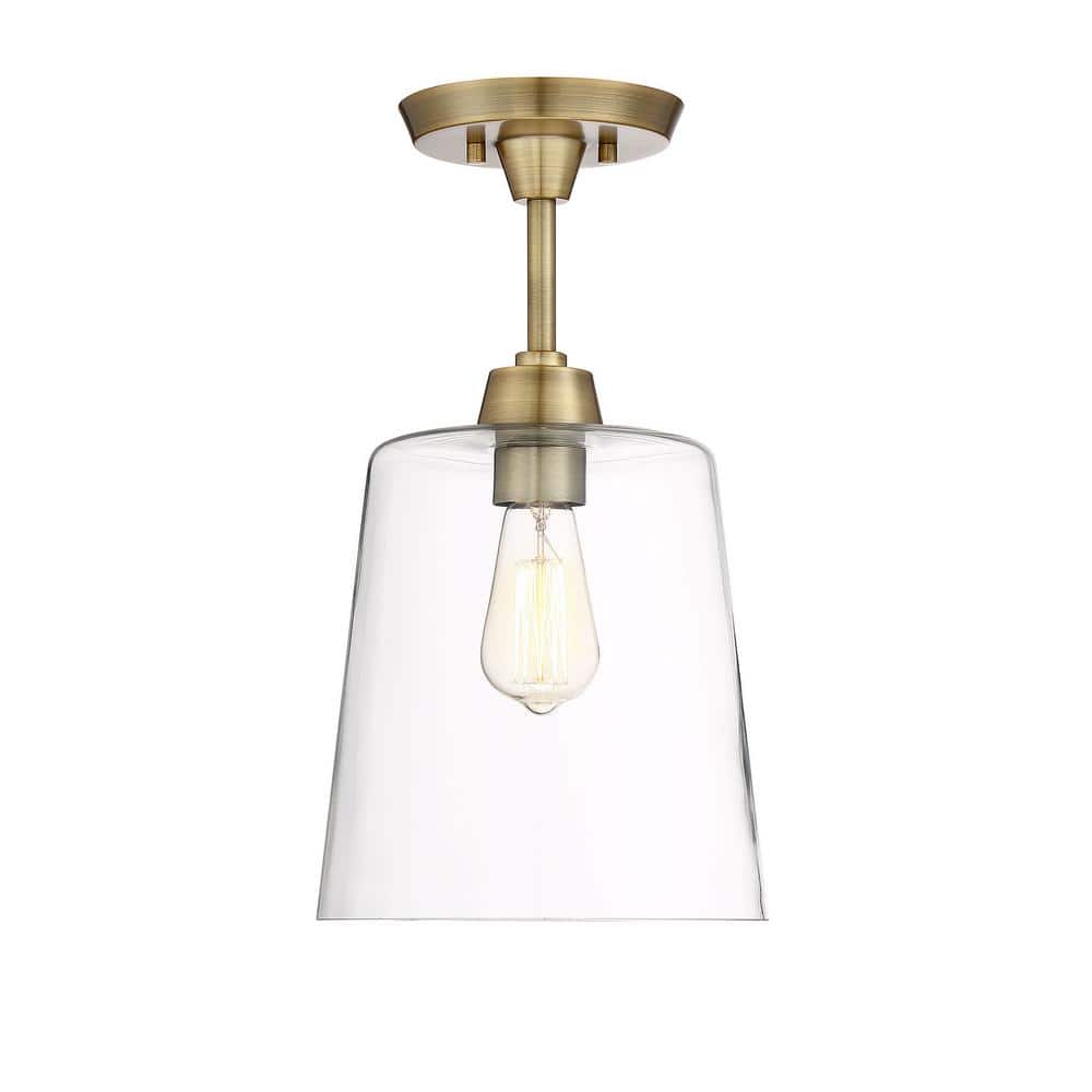 Meridian Clear Glass & Natural Brass 1-Light Semi-Flush Mount